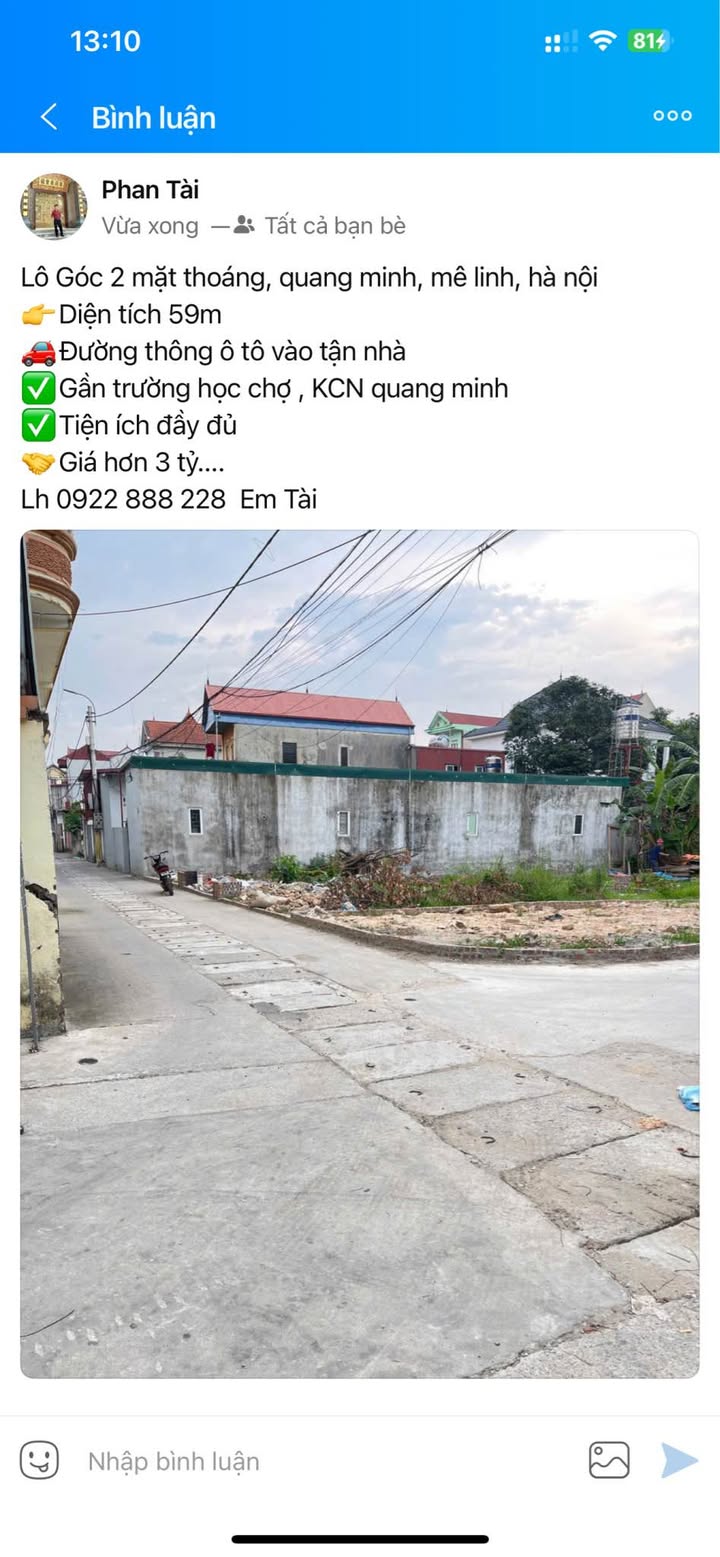 Đất nền lô góc 2 mặt thoáng Mê Linh 59m² giá 3 tỷ - Đường thông ô tô vào tận nhà!