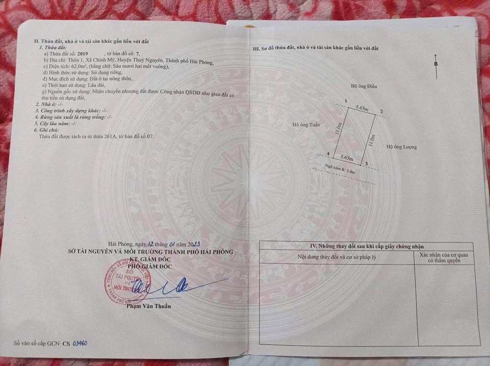 Đất thổ cư chính chủ tại thôn 1 Chính Mỹ, Thủy Nguyên, 62m² - Hướng Nam tài lộc!