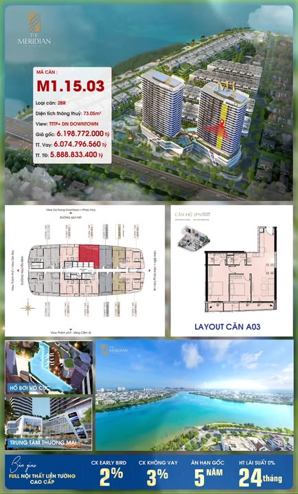 Căn hộ 2PN The Meridian Đà Nẵng 73m² giá 5.888 tỷ - View Downtown đẳng cấp!