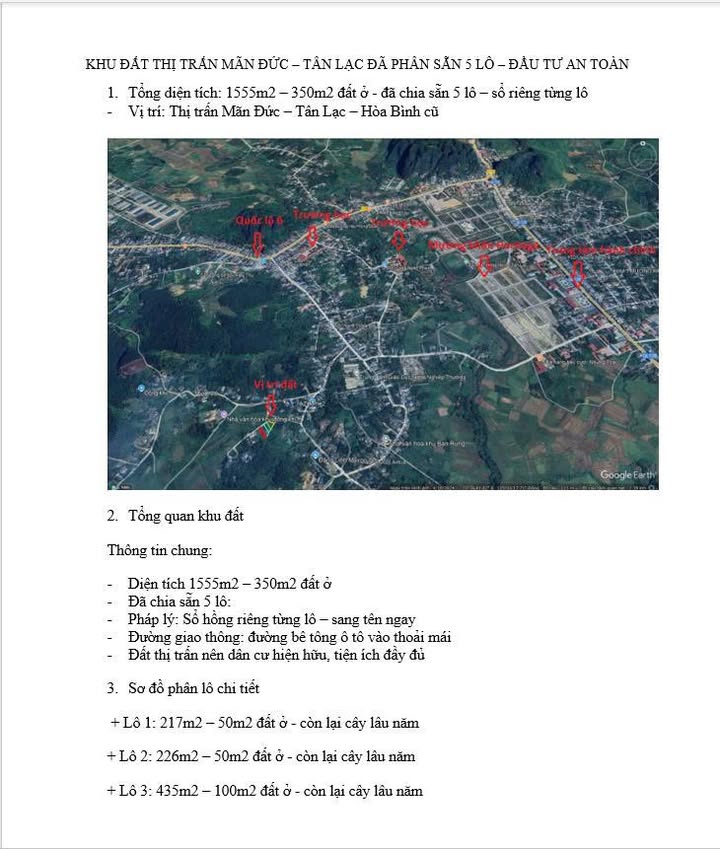 Đất nền Thị trấn Mãn Đức, Tân Lạc 1555m² giá 1.3 tỷ - Đầu tư an toàn!