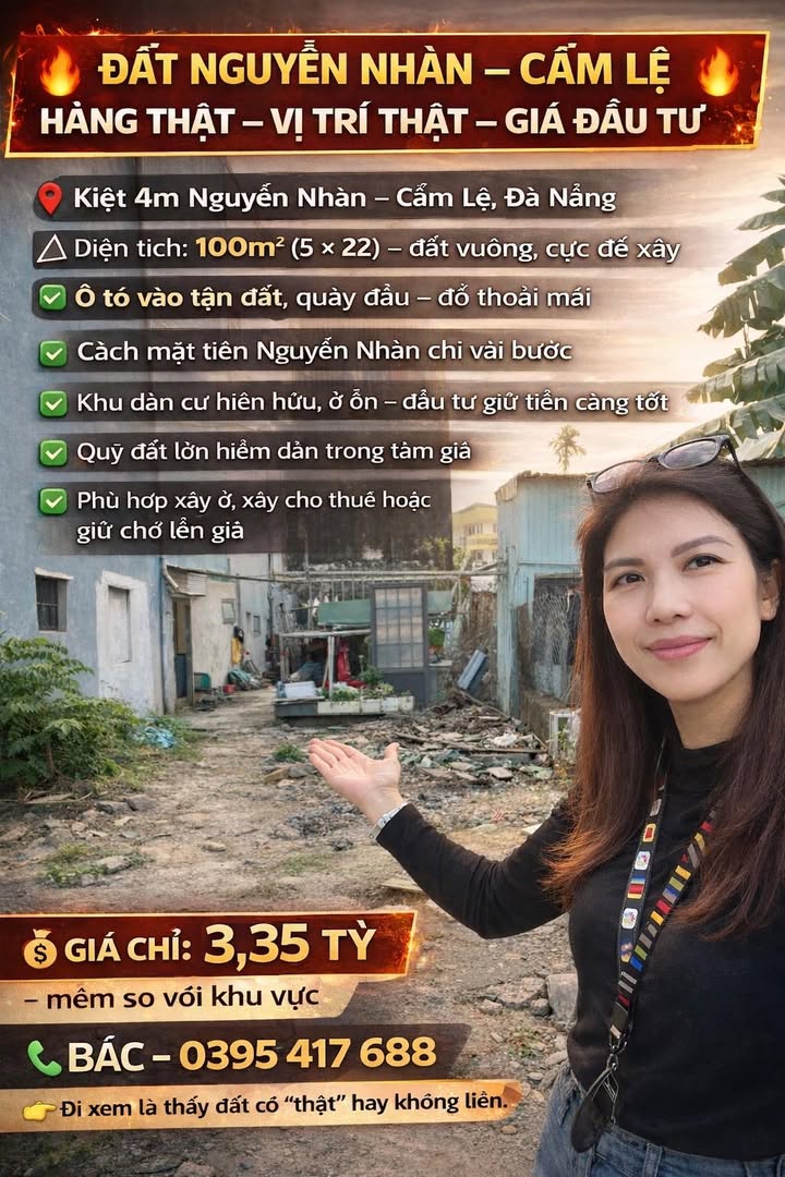 Đất Nguyễn Nhàn, Cẩm Lệ, Đà Nẵng 100m² giá 3,35 tỷ - Ô tô đỗ cửa, vị trí đắc địa!