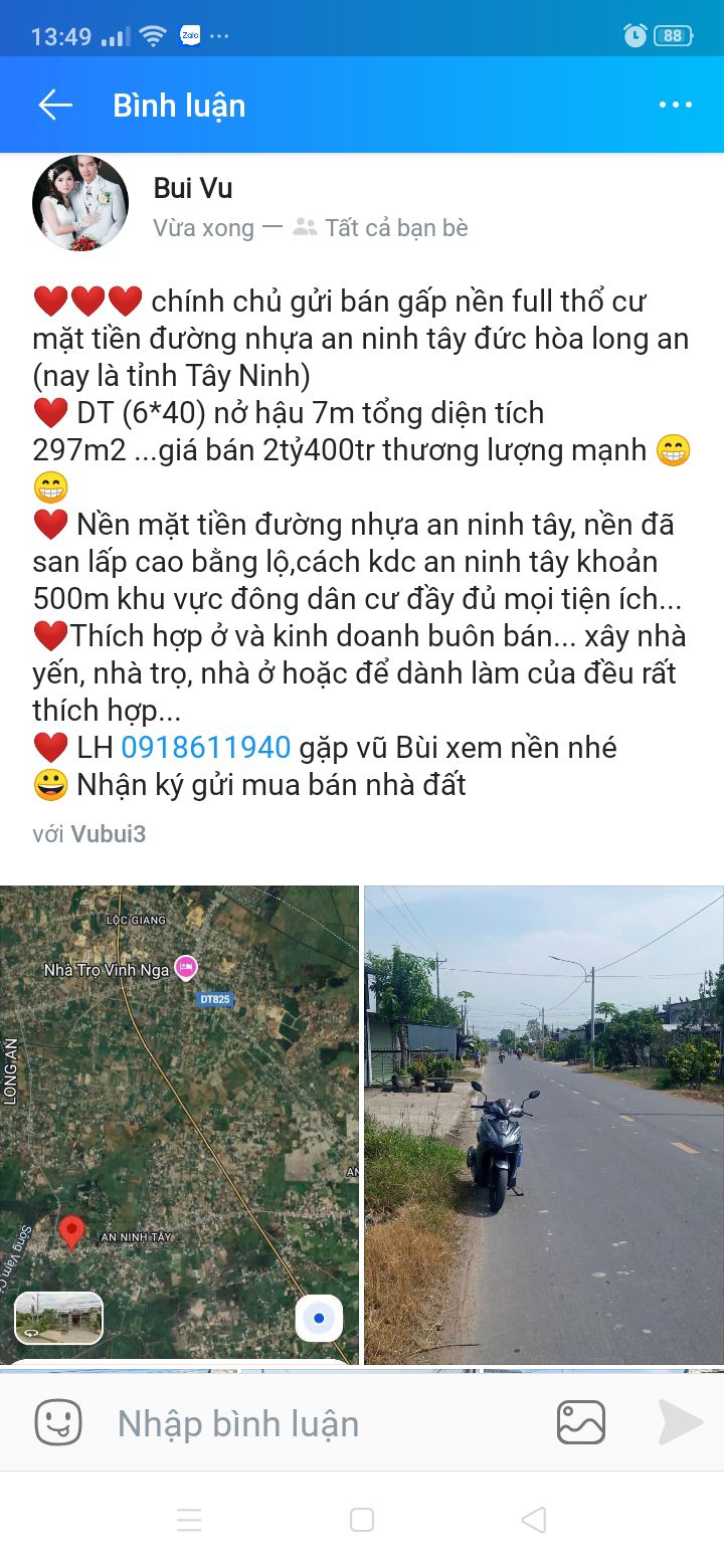 Đất thổ cư mặt tiền đường nhựa An Ninh Tây, Đức Hòa - 297m² - Giá 2.4 tỷ