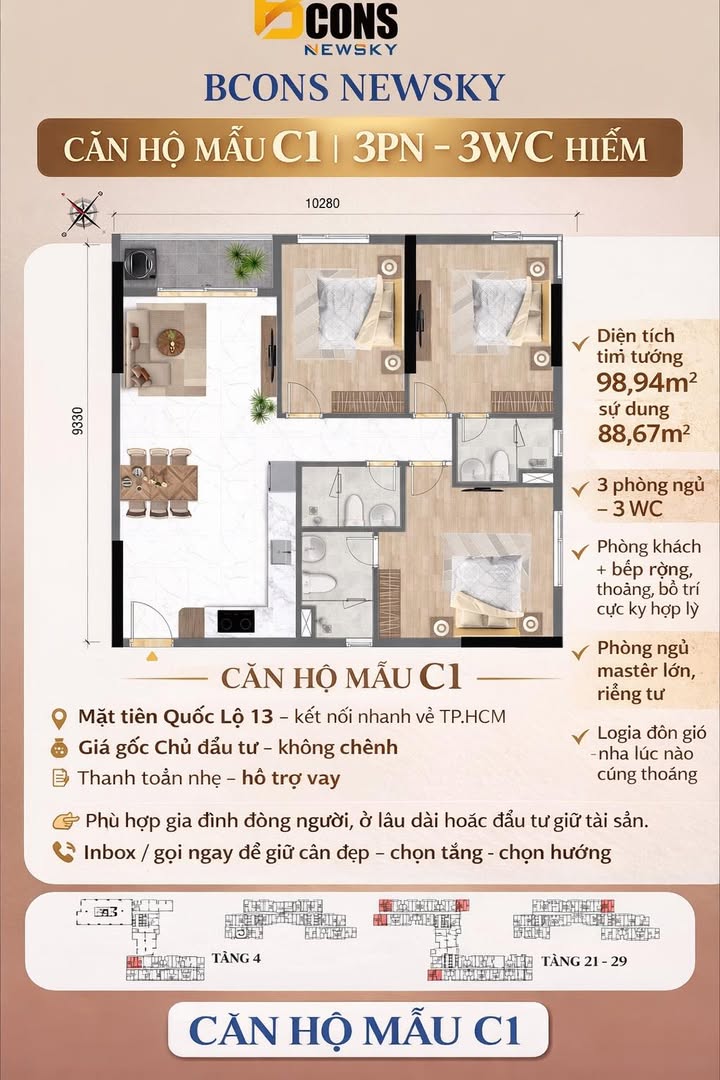 Căn hộ BCONS NEWSKY - QL13 - 98m² giá 4.777 tỷ - Thiết kế lần đầu Bcons!