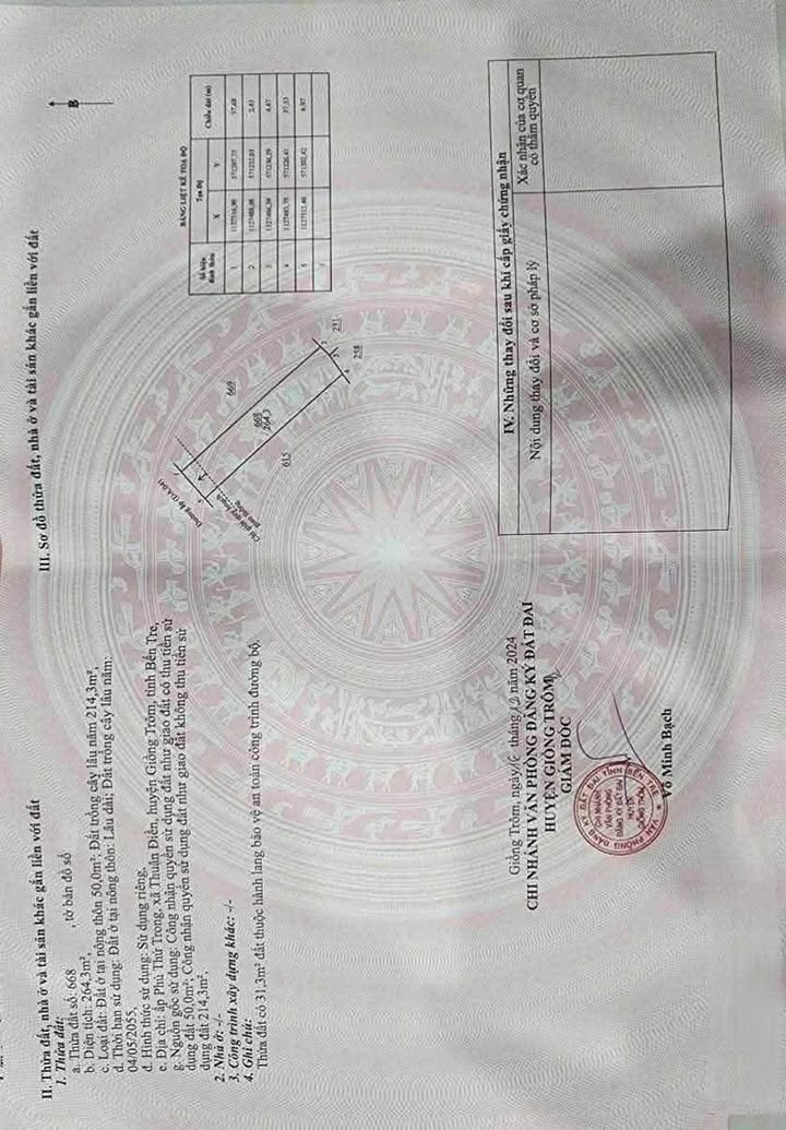 Đất nền 264m² Xã Thuận Điền, Huyện Giồng Trôm - Mặt tiền đường lớn, giá chỉ 550 triệu!