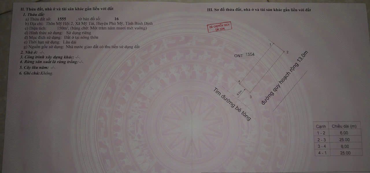 Đất nền góc 2 mặt tiền tại xã Mỹ Tài, huyện Phù Mỹ - Giá chỉ 300 triệu