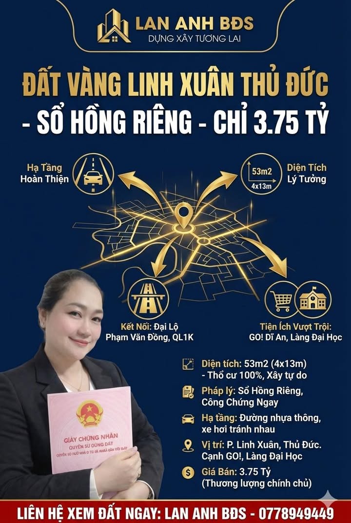 Đất nền đẹp hẻm xe hơi Linh Xuân Thủ Đức 53m² - Cơ hội đầu tư tuyệt vời!