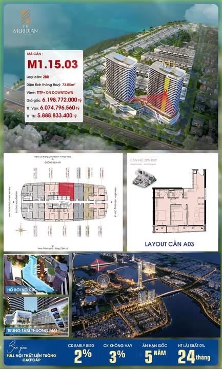 Căn hộ 2PN The Meridian Đà Nẵng 73m² giá 5.888 tỷ - Sống chuẩn trung tâm!