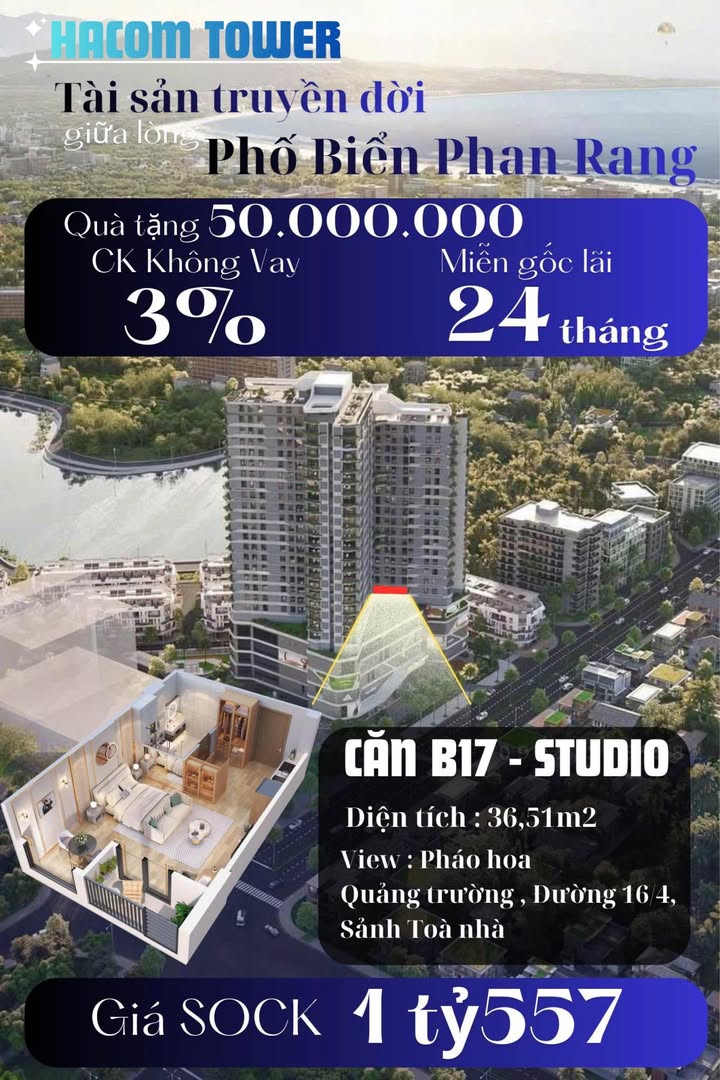Căn hộ Studio Hacom Tower Phan Rang 36,51m² giá 1,557 tỷ - View pháo hoa tuyệt đẹp!
