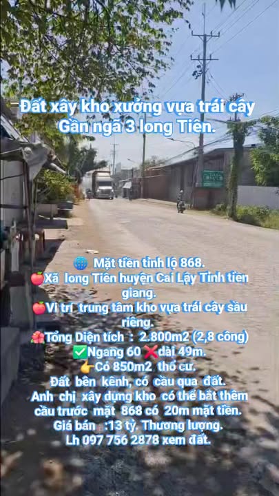 Đất Xưởng 2800m² Mặt Tiền Tỉnh Lộ 868 Cai Lậy, Tiền Giang - Giá 13 Tỷ