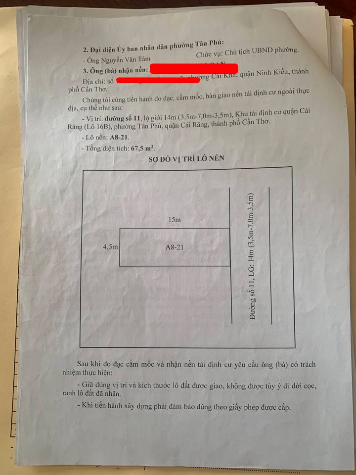 Bán Nền Tái Định Cư Đường 11, Cái Răng - 67.5m² Thổ Cư, Sẵn Sàng Xây Dựng