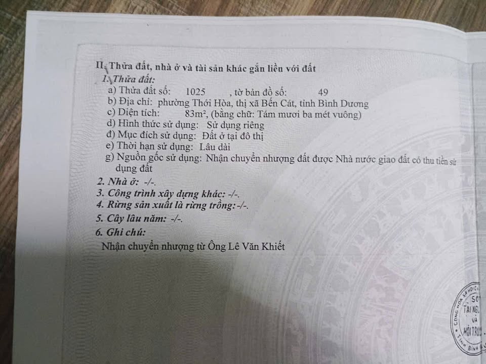 Đất nền Thới Hòa Bến Cát 85m² giá 790 triệu - Sổ đỏ chính chủ