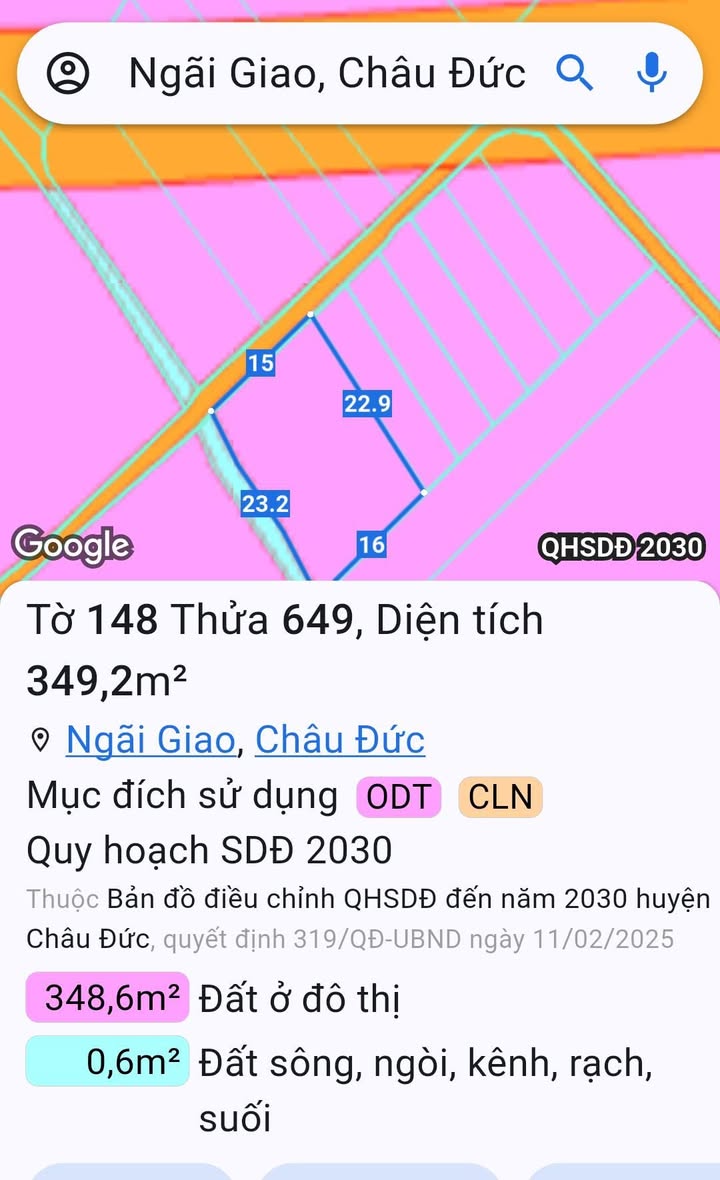 Đất thổ cư Ngãi Giao 345m² giá cực tốt - Đường bê tông thuận tiện!
