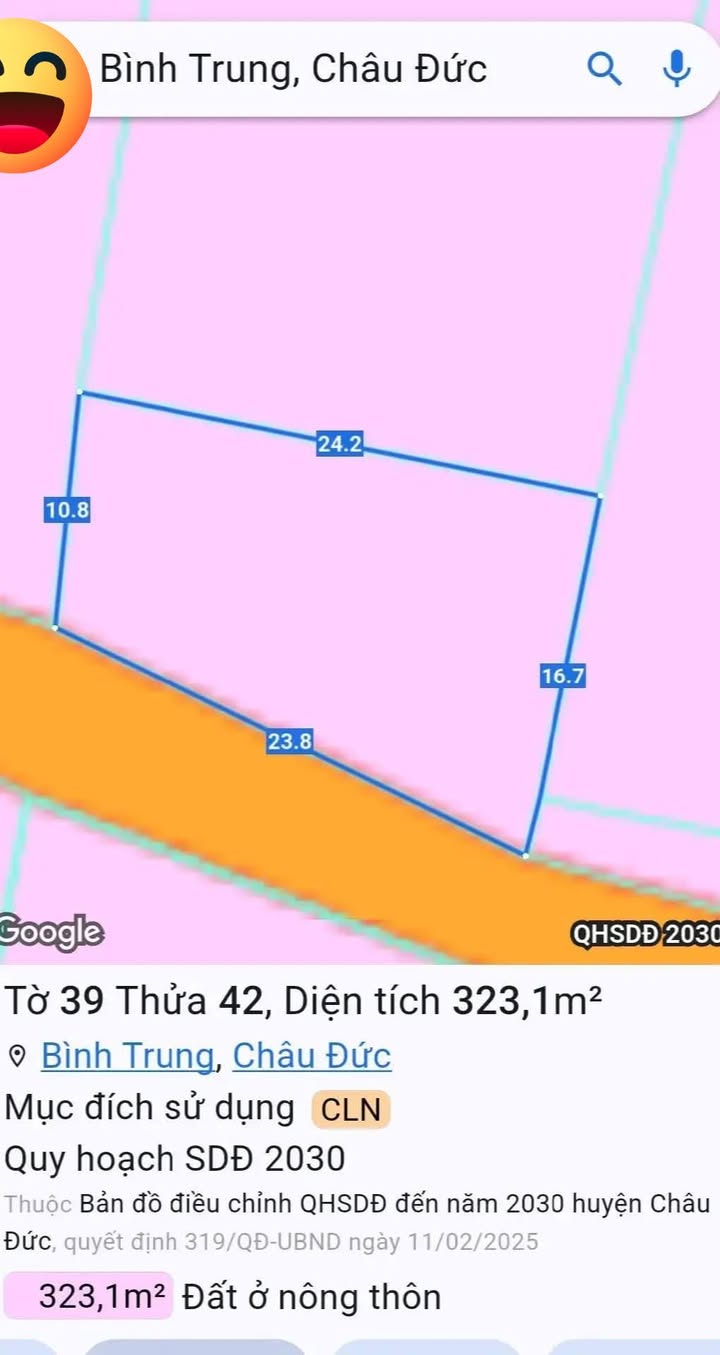 Đất ở Xã Bình Trung, Huyện Châu Đức 24m² giá 1.19 tỷ - Mặt tiền đường nhựa thoáng mát!