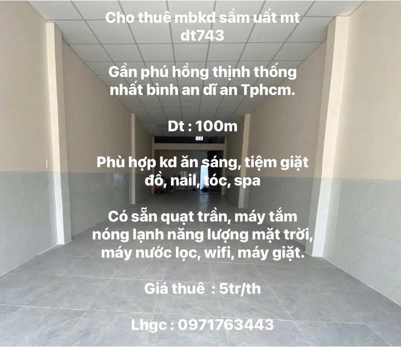 Thuê mặt bằng DT743 Dĩ An 100m² giá 5 triệu - Mặt tiền kinh doanh