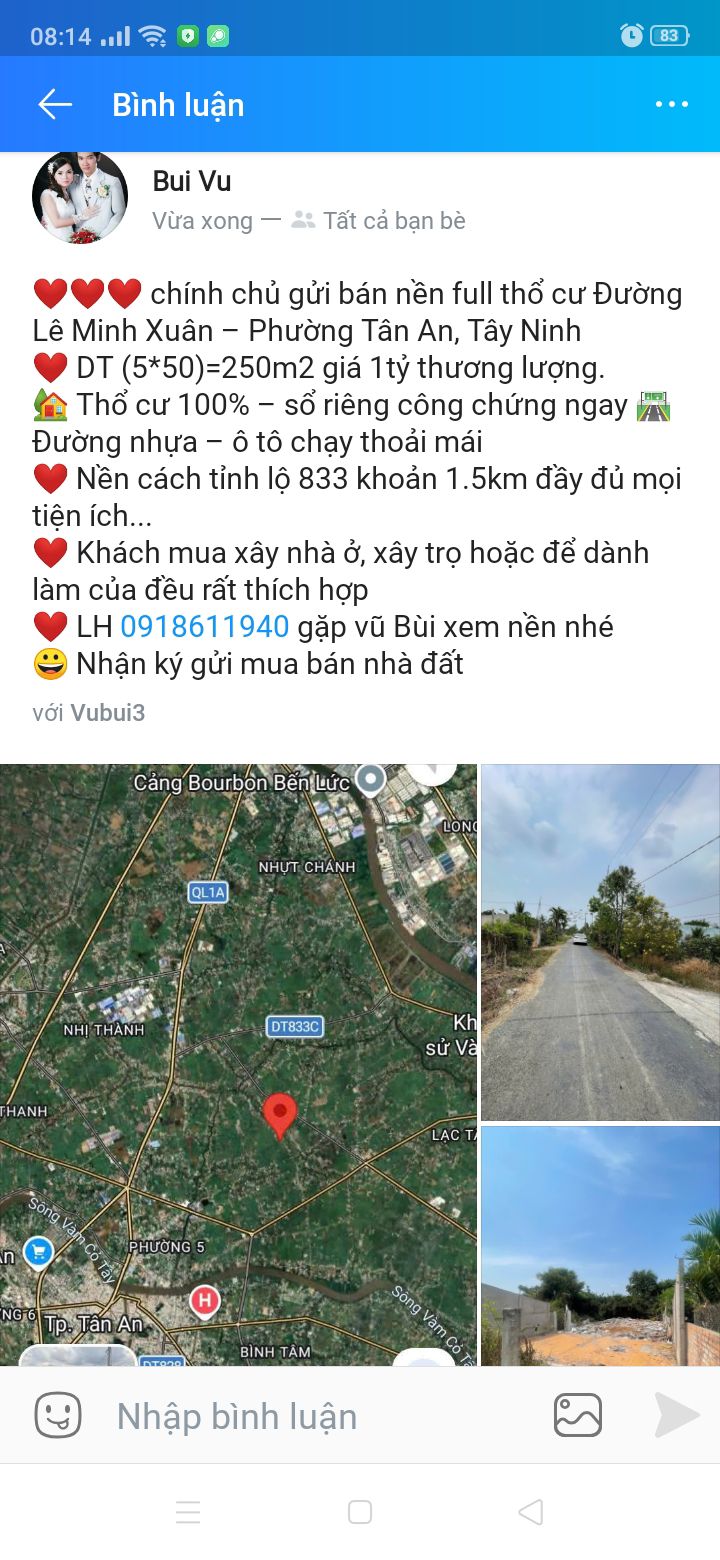 Đất nền thổ cư đường Lê Minh Xuân, Tây Ninh 250m² giá 1 tỷ - Sổ đỏ chính chủ!