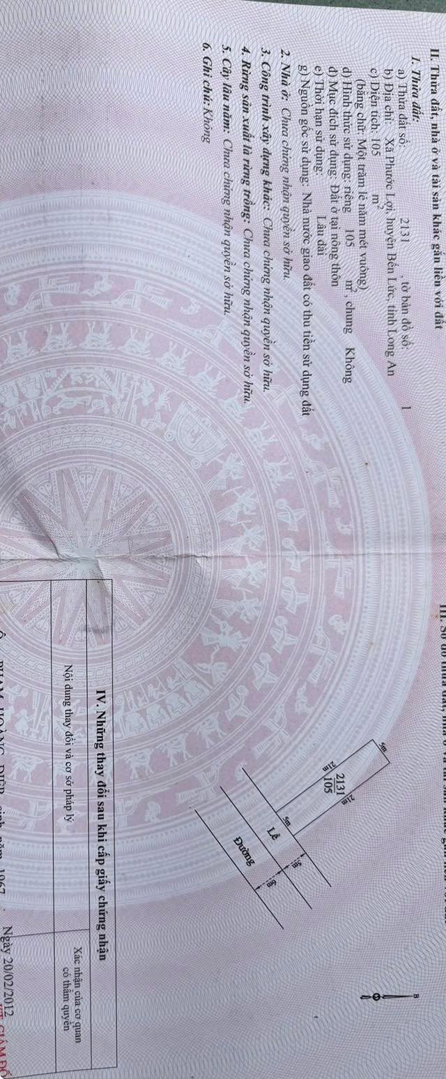 Đất nền xã Phước Lợi, Bến Lức 105m² giá 6.8 tỷ - Mặt tiền đường nhựa 12m