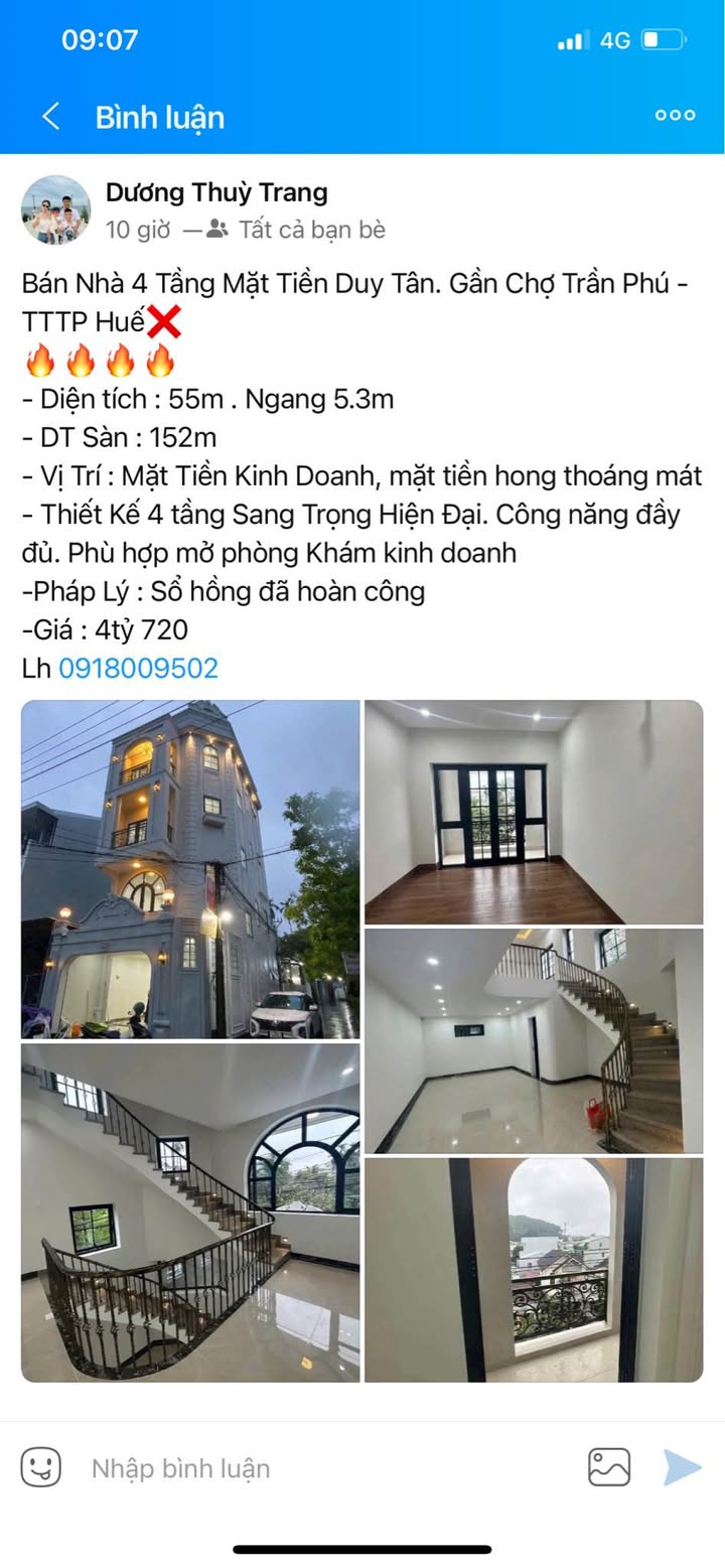 Bán nhà mặt tiền Duy Tân, TP Huế 55m² giá 4.72 tỷ - Đầu tư lý tưởng!