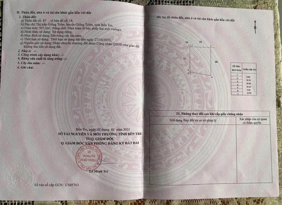 Đất nền Thị trấn Giồng Trôm 507m² giá 600 triệu - Sổ hồng sẵn