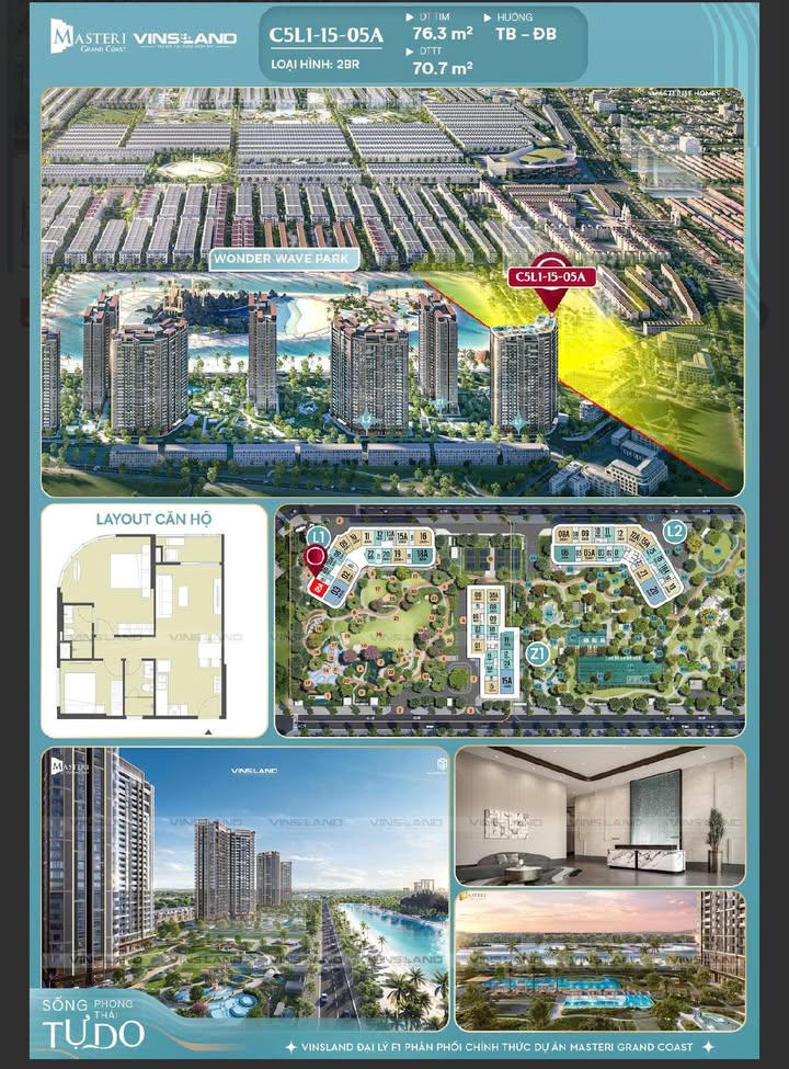 Bán căn góc 2PN Masteri Grand Coast 70.7m² - View hồ, pháo hoa