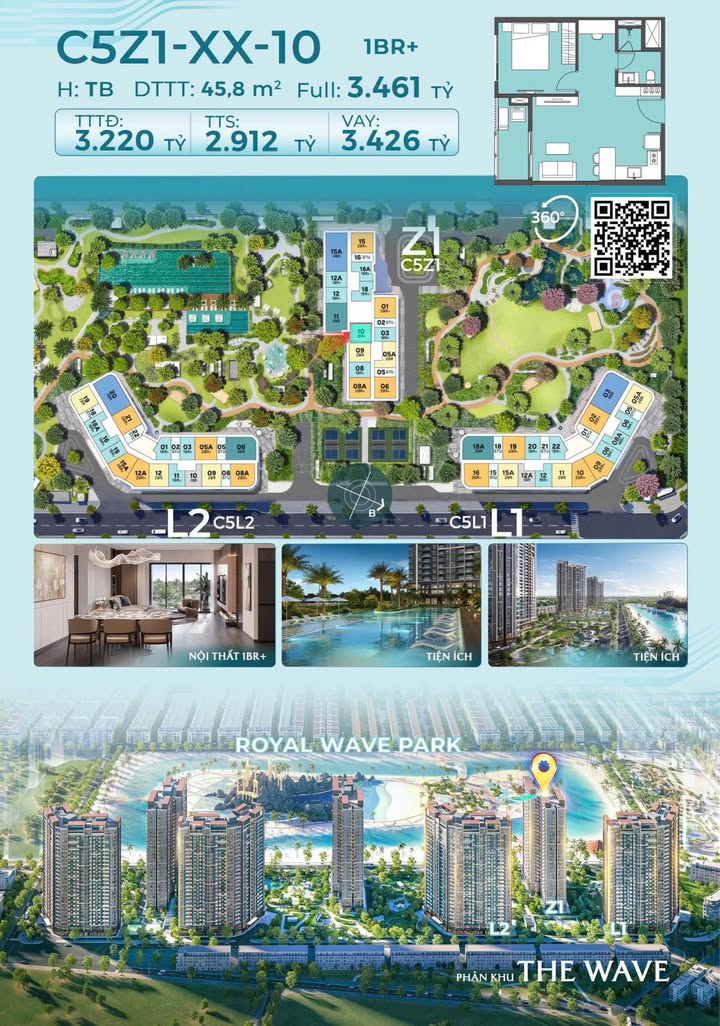 Căn hộ 1PN+ Vinhomes Ocean Park 45.8m² giá từ 2.9 tỷ - View nội khu yên tĩnh