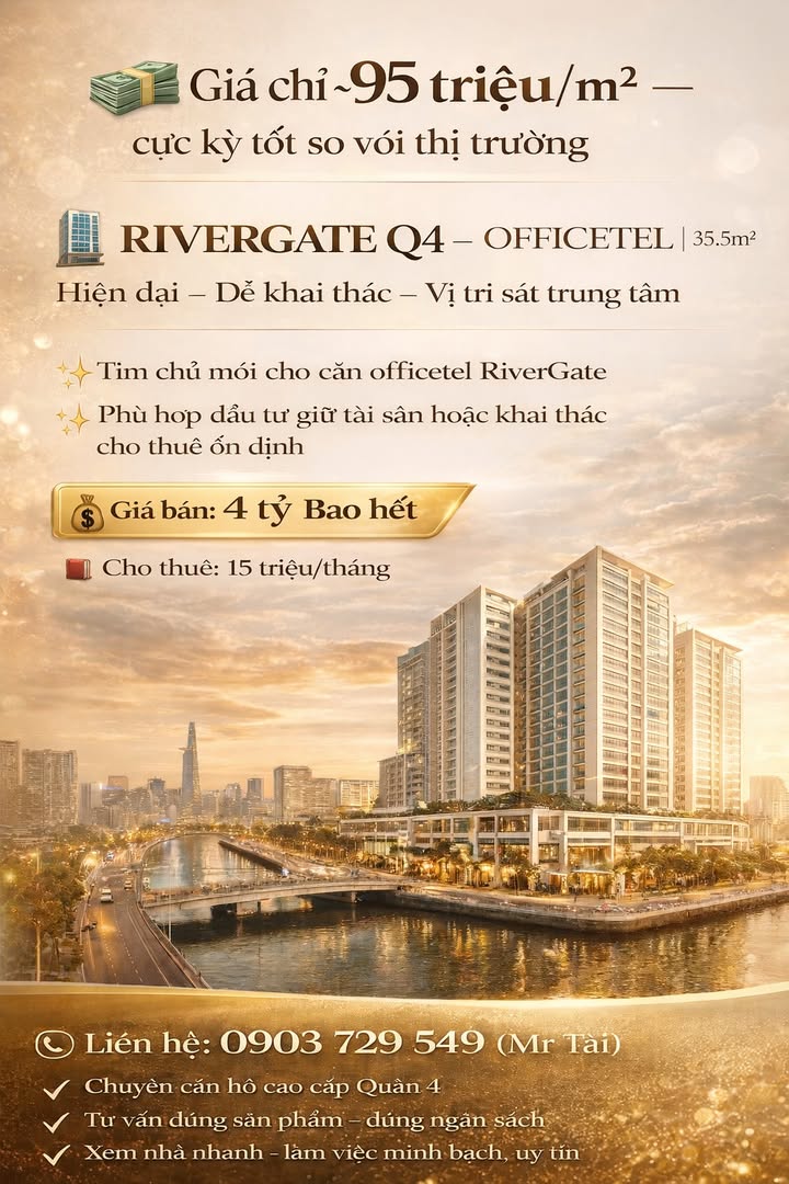 Officetel Rivergate Q4 35.5m² - View Sông, Sát Quận 1, Dòng Tiền 15 Triệu/Tháng