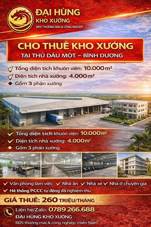 Cho thuê kho xưởng 4.000m² Thủ Dầu Một - Container vào tận nơi