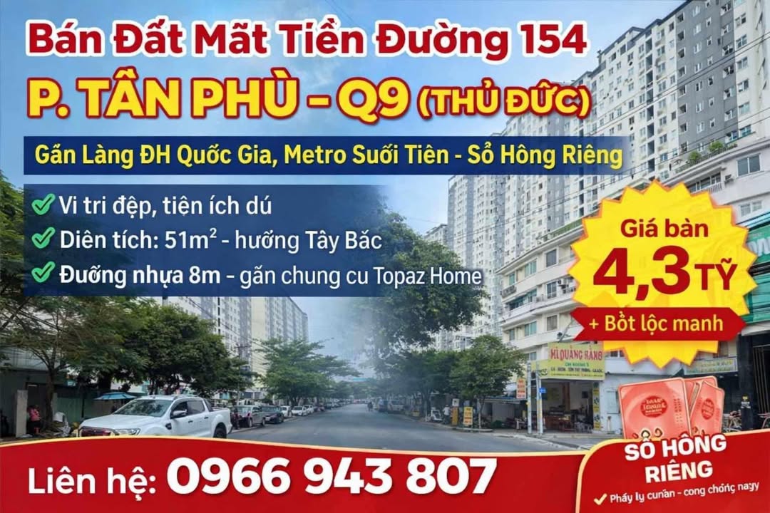 Đất Mặt Tiền 154, P. Tân Phú, Q9 - Sổ Đỏ 51m², Giá 4.3 Tỷ