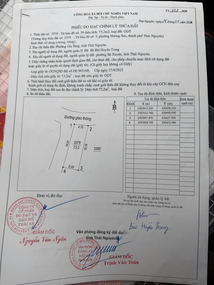 Đất nền 2 mặt tiền Phường Gia Sàng, TP. Thái Nguyên - 73m² thổ cư, giá 800 triệu