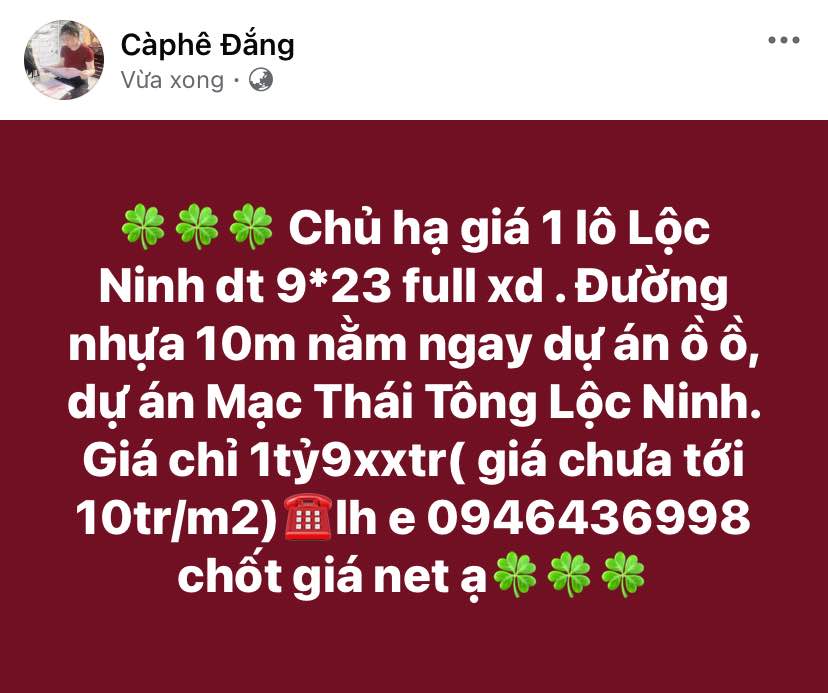 Đất nền Lộc Ninh 207m² - Đường nhựa 10m, Giá chỉ 1.9 tỷ/m²