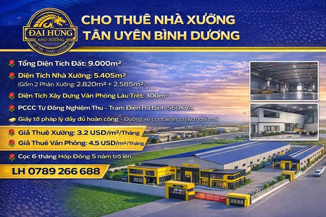 Cho thuê nhà xưởng 5.405m² Bắc Tân Uyên, Bình Dương - Xe container thoải mái