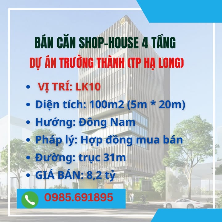 Shophouse 4 Tầng Dự Án Trường Thành 100m² - Kinh Doanh Đắc Lộc