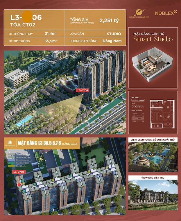 Studio Sunshine Legend City 31.4m² - Hướng Đông Nam