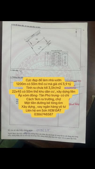 Đất vườn Tân Phú Trung Củ Chi 1200m² giá 3.9 tỷ - Nghỉ dưỡng lý tưởng!