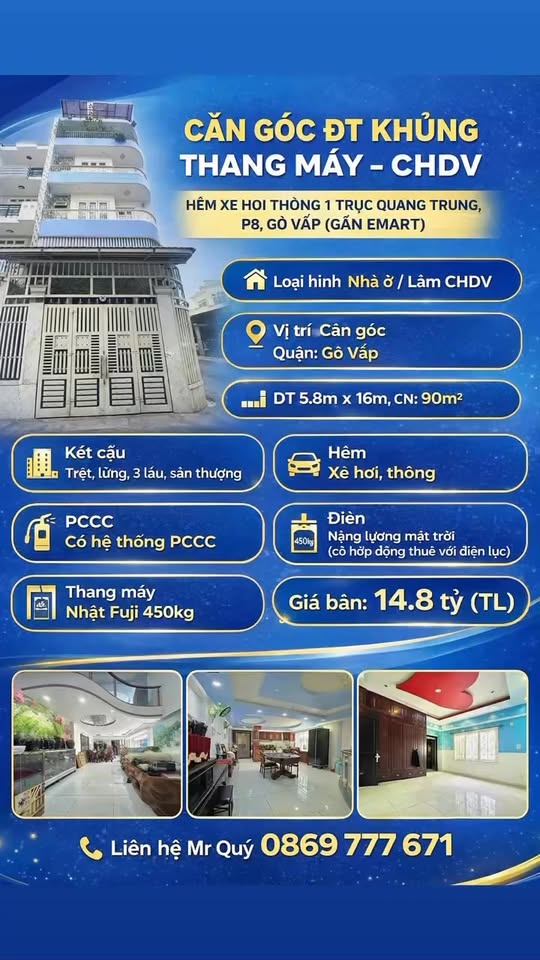Nhà Góc 90m² Gò Vấp - Thang Máy, 5 Tầng, Hẻm Xe Hơi 14.8 Tỷ