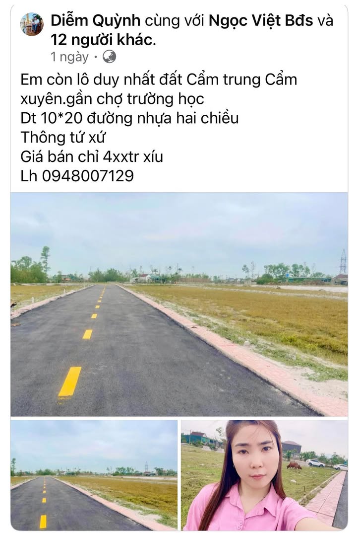 Đất nền Cẩm Xuyên, Hà Tĩnh - 200m² dưới 500 triệu, đường trải thảm