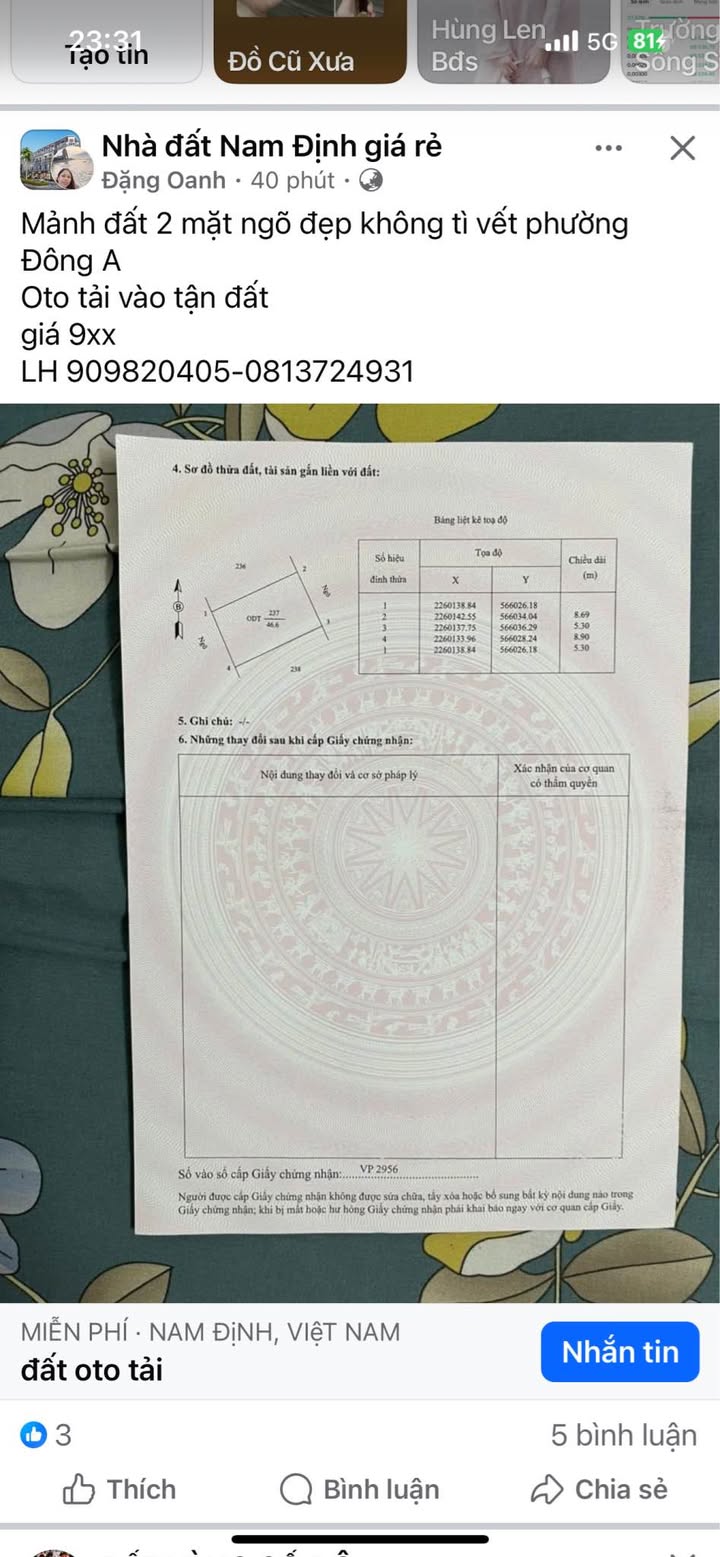 Đất nền Văn Cao Nam Định 46m² giá 850 triệu - Sổ đỏ chính chủ!