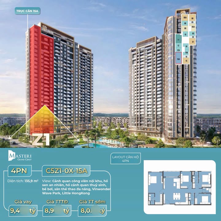Căn hộ Masteri Grand Coast 136m² giá 8 tỷ – 4PN hiếm, View đẹp!