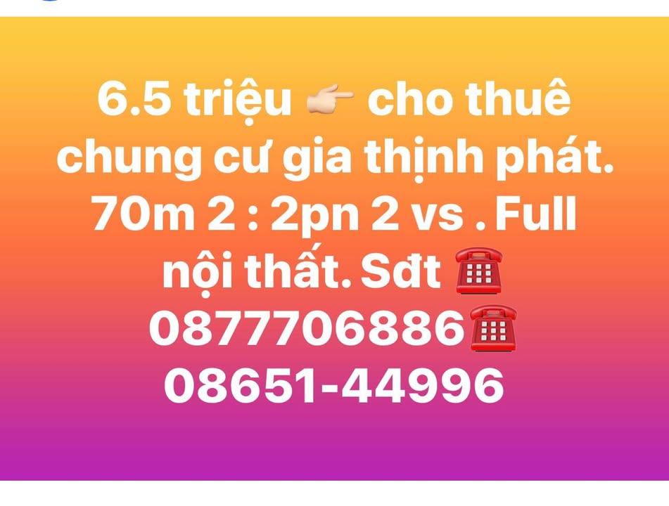 Cho thuê căn hộ Gia Thịnh Phát 70m² - 2PN, Full nội thất, 6.5 triệu/tháng