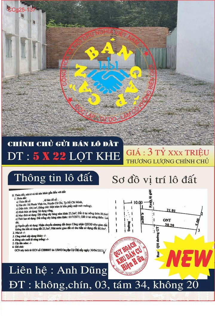 Bán đất mặt tiền Tân Phú Trung Củ Chi 110m² giá 3 tỷ - Vị trí đắc địa!