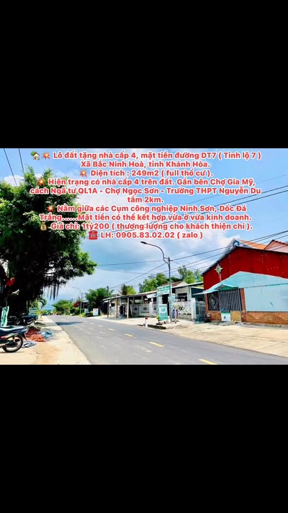 Đất Tặng Nhà Cấp 4 Mặt Tiền DT7 Ninh Hòa 249m² - Giá 1.2 Tỷ