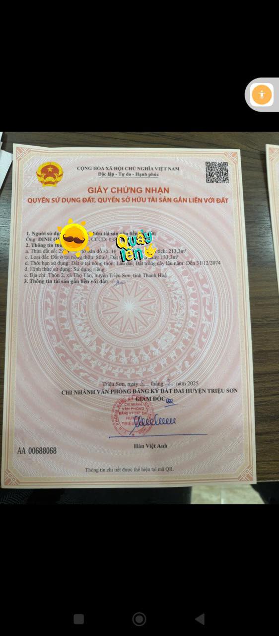 Đất nền Thọ Tân, Triệu Sơn 213m² - Đường ô tô 6.5m, sổ đỏ trao tay!