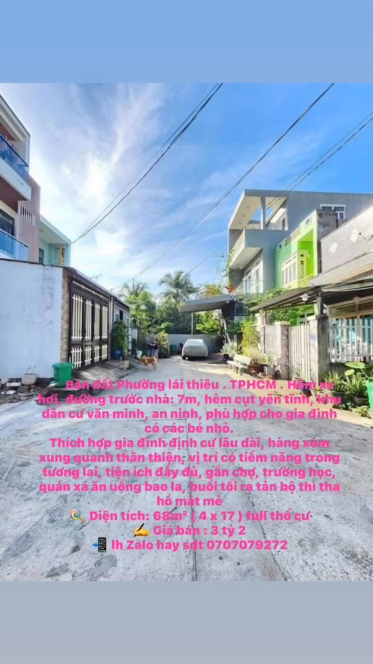 Bán Đất Lái Thiêu 68m² - Hẻm Xe Hơi, Sổ Hồng Riêng, Giá 3.2 Tỷ