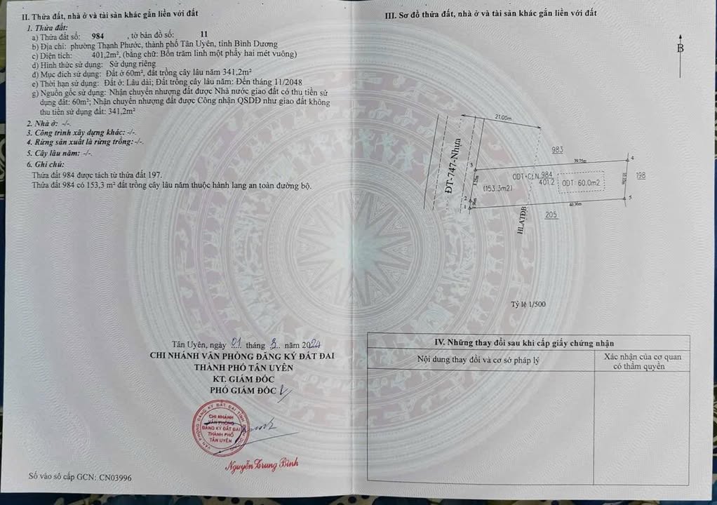 Đất Mặt Tiền DT 747, Tân Uyên 400m² - Sổ Đỏ Rõ Ràng