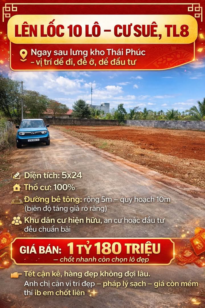 Đất nền Cư Suê 120m² 1.18 tỷ - Tiềm năng tăng giá vượt trội!