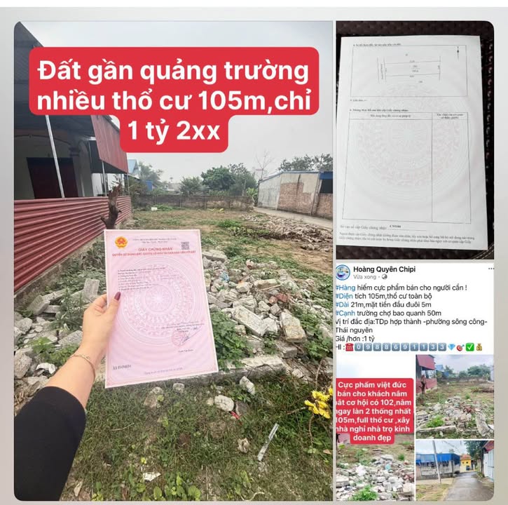 Bán Đất Thổ Cư 105.6m² Sông Công, Thái Nguyên - Hướng Tây, Giá 1.29 Tỷ