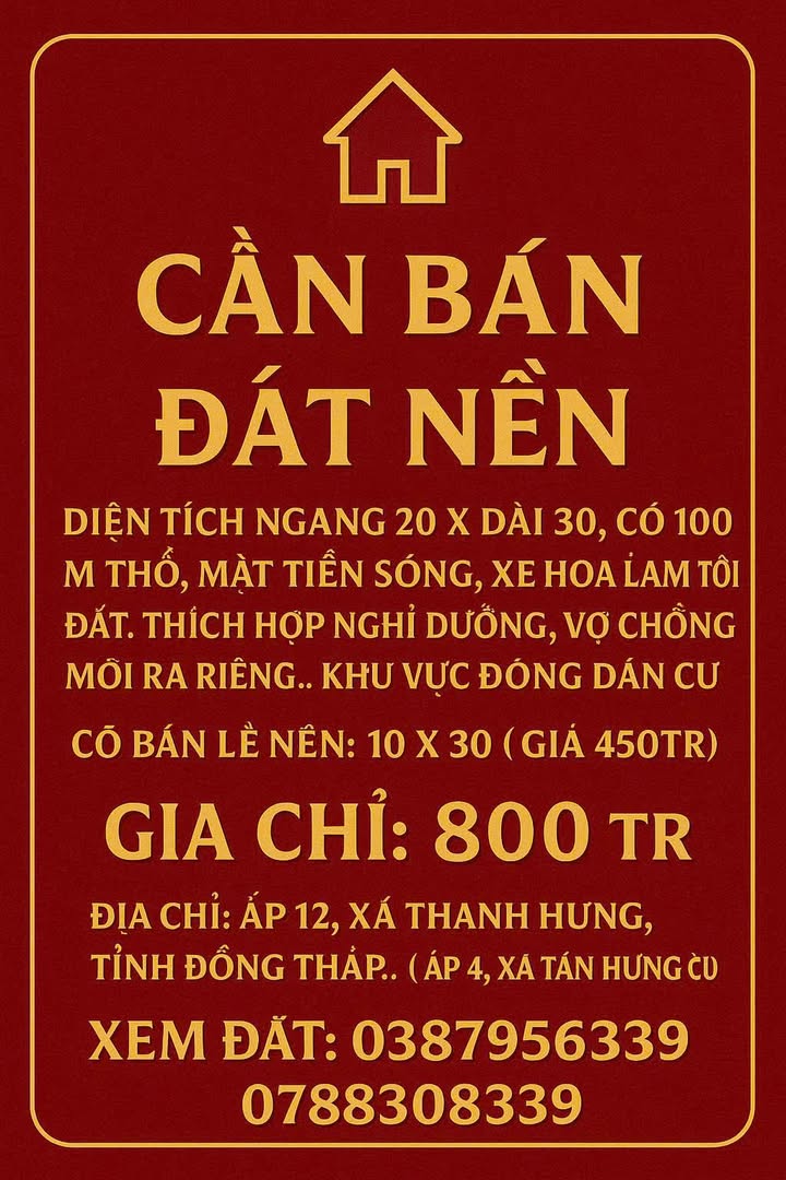 Đất Nền 600m² Mặt Tiền Sông, Đồng Tháp - Giá 800 Triệu