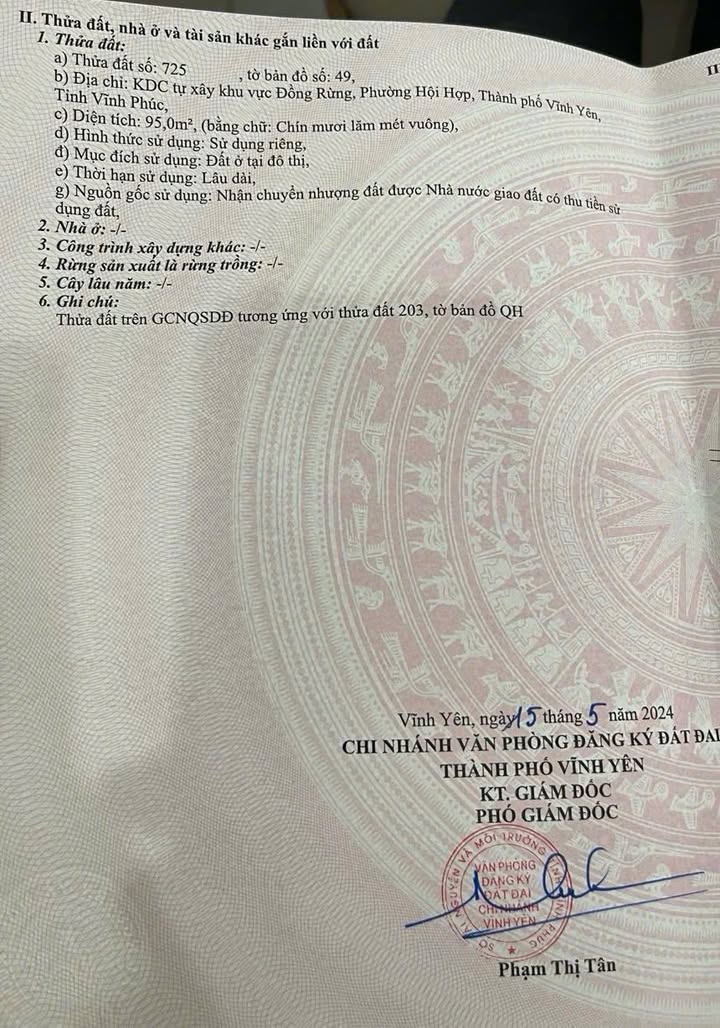 Đất nền Vĩnh Yên 95m² - 2.6 Tỷ - Sổ đỏ sẵn, tiềm năng sinh lời cao