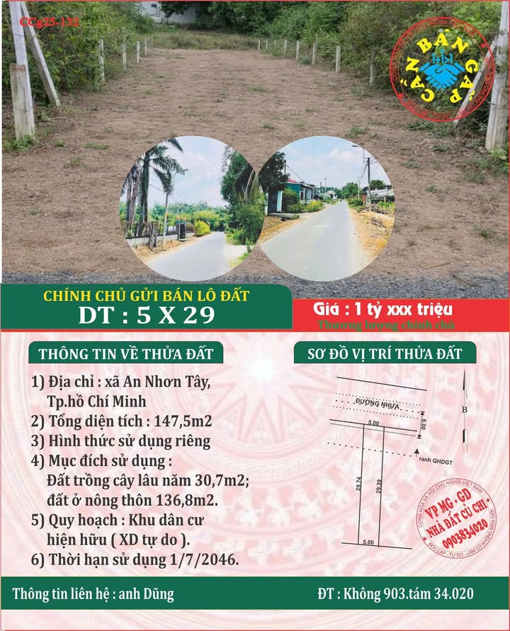 Đất 145m² An Nhơn Tây, Củ Chi - Sổ Riêng, Mặt Tiền 12m, Giá Tốt