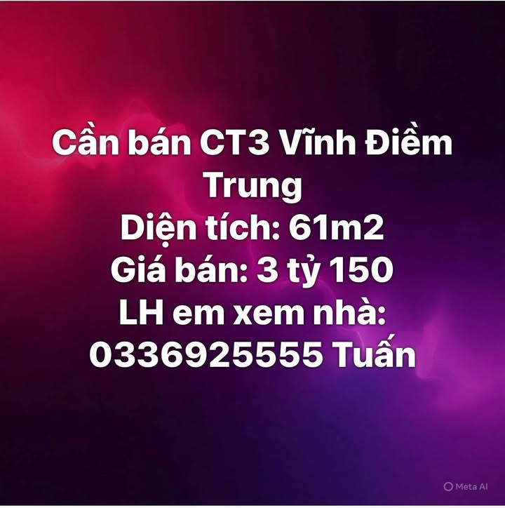 Bán Căn hộ CT3 Vĩnh Điềm Trung 61m² - 3.15 Tỷ - Sẵn Sàng Vào Ở Ngay