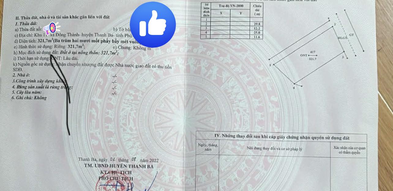 Đất nền 321m² full thổ cư, Thanh Ba, Phú Thọ - Giá đầu tư 1 tỷ XX